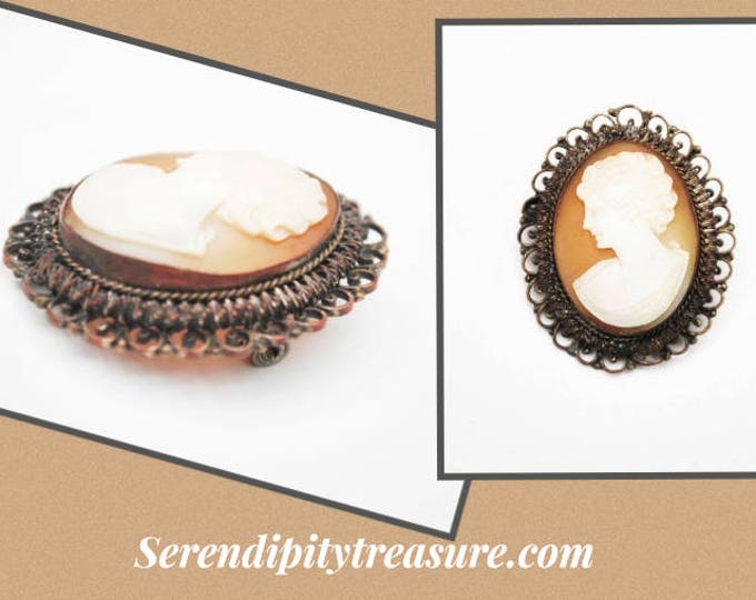 Shell Carved Cameo pendant Brooch - Gold brass filigree setting - vintage women profile pin