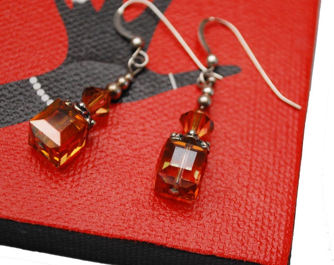 Sterling orange cube dangle earrings - orange crystal glass - drop earring