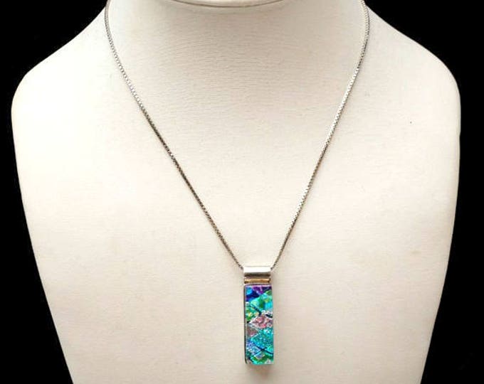 Dichroic Fused Glass Necklace - Sterling silver - Mexico Pendant- Italy chain Blue green Aqua Purple art glass necklace