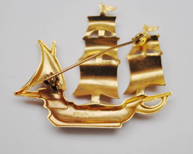 Damascene Boat Brooch - Gold and Black enamel - Signed Spain - Sail boat figurine pin