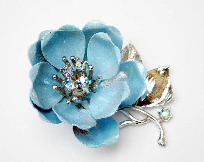 Coro Blue Flower Brooch - AB Rhinestone - light Powder blue - enamel on metal floral pin