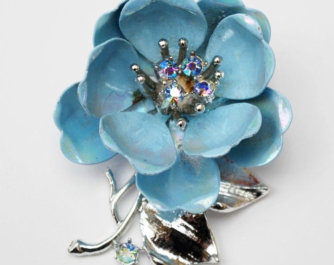 Coro Blue Flower Brooch - AB Rhinestone - light Powder blue - enamel on metal floral pin