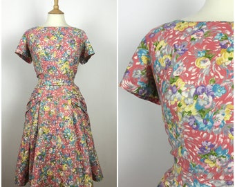 Vintage 1940s Dress - 40s Floral Dress - 40s Summer Dress - 40s Party Dress - Full Skirt - Medium - UK 12-14 / US 8-10 / EU 40-42 -