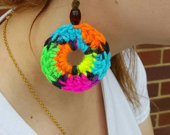 Handmade Nickel Free Silvertone Crochet Earrings Round Bead Sample Sale Neon Rainbow