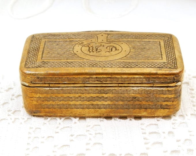 Antique French Victorian Rectangular Small Brass Box Engraved with the Monograms CM, Metal Snuff Box with Initials CM From France, Retro Tin