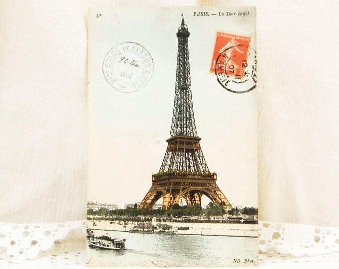 Antique French Postcard of the Eiffel Tower Posted in 1907 from the Second Story with the Tour Eiffel Postmark Paris France, French Decor Antique French Postcard of the Eiffel Tower Posted in 1907 from the Second Story with the Tour Eiffel Postmark Paris France, French Decor