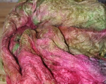 6 x 4.5 inch piece of Luxurious Mixed PINK/Green SILK LAP - can be used for Quilting , Spinning, Felting, Fibre Arts & Paper Making