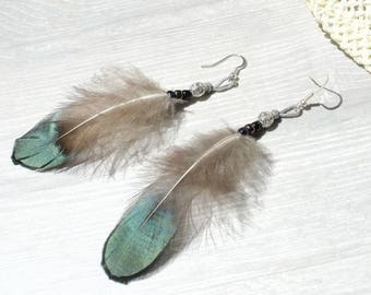 ethnic green Peacock feather earrings country