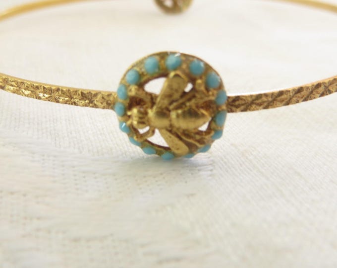 Bee Bangle Bracelet, Seed Turquoise Stones, Vintage Bee Jewelry, Bug Bracelet, Insect Jewelry