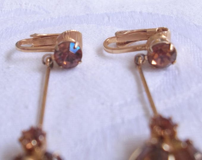 Vintage Rhinestone Earrings, Vintage Clip On Drop Earrings, Mid Century Amber Rhinestones,