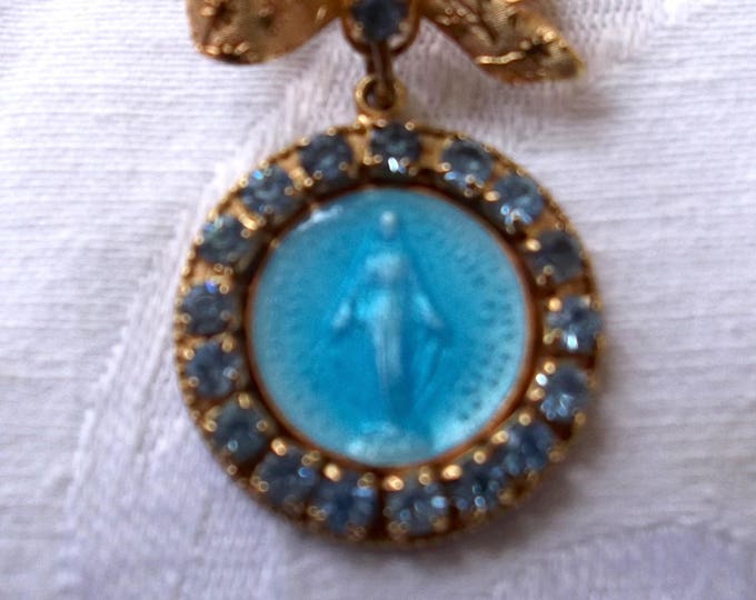 Vintage Virgin Mary Brooch, Rhinestone Enamel Religious Pin, Blessed Mother, Religious Jewelry