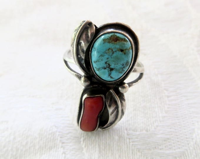 Vintage Navajo Ring, Sterling Silver Leaves, Turquoise Ring, Coral Ring, Native American, Southwest Jewelry, Old Pawn Ring, Size 8