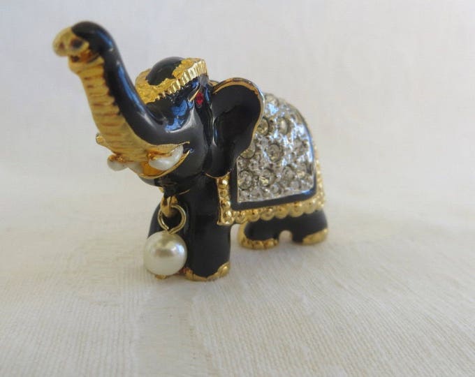 Vintage Elephant Brooch, Rhinestone and Enamel, Moghul Style Pin, Elephant Jewelry