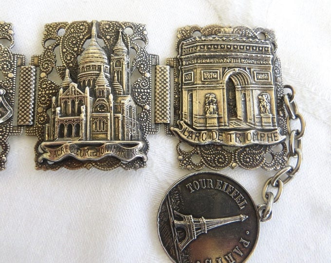 Vintage Paris Souvenir Bracelet, Paris Landmarks, Raised Relief Panel Bracelet, Statement Bracelet