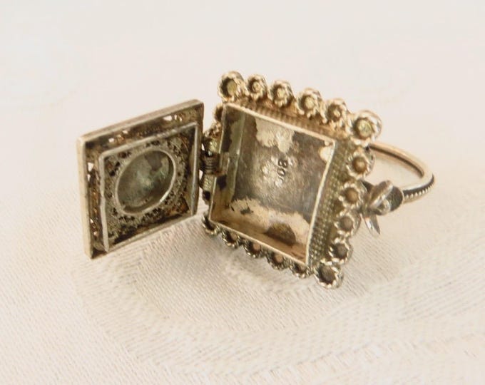 Vintage Poison Ring, 800 Silver Filigree Ring, Size 9.5, Bali Style Boho Ring