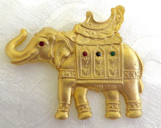 Elephant Brooch, Jeweled Circus Elephant Pin, Mughal Style Vintage Elephant Jewelry, Trunk Up
