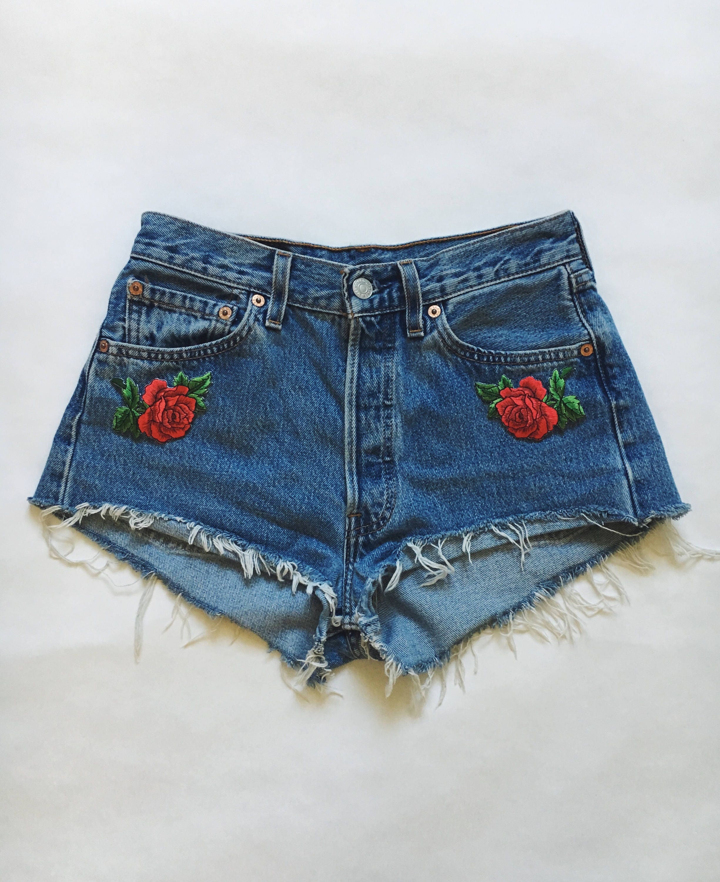 Rose Embroidered Vintage Levi Shorts High waisted denim shorts