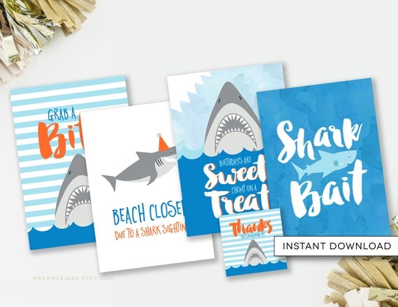 Shark Party Signs, Shark Birthday, Shark Favor Tags, Shark Bait Sign, Birthdays are Sweet, Favor Table, Beach Closed, INSTANT DOWNLOAD, #72 Il_570xn