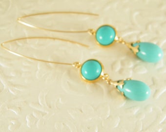 Turquoise gold earrings, Dangle earrings, Blue gold earrings, Gold filled earrings, Gift for her, Turquoise jewelry, Long tear drop earrings