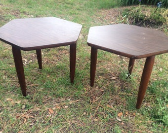 Set of 2 Vintage Hexagonal Wood Side Tables, 15"
