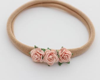 Baby Headband, Flower headband, Nylon Headband, Paper Flower Headband, Triple Flower Headband, Baby Gift, White/Pink Headband