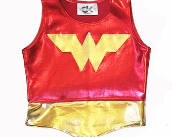 Girls wonder woman TOP only 4th of july blue and red gold metallic halloween