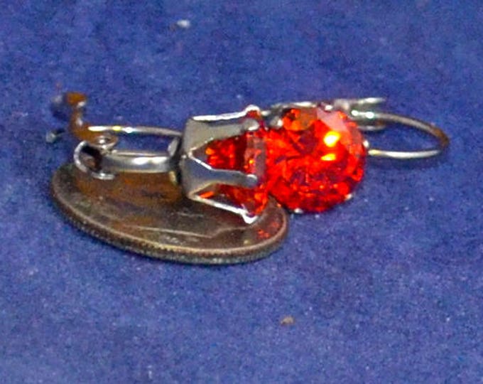 Red Zircon Leverback Earrings, 8mm Round, Natural, Set in Stainless Steel E1062