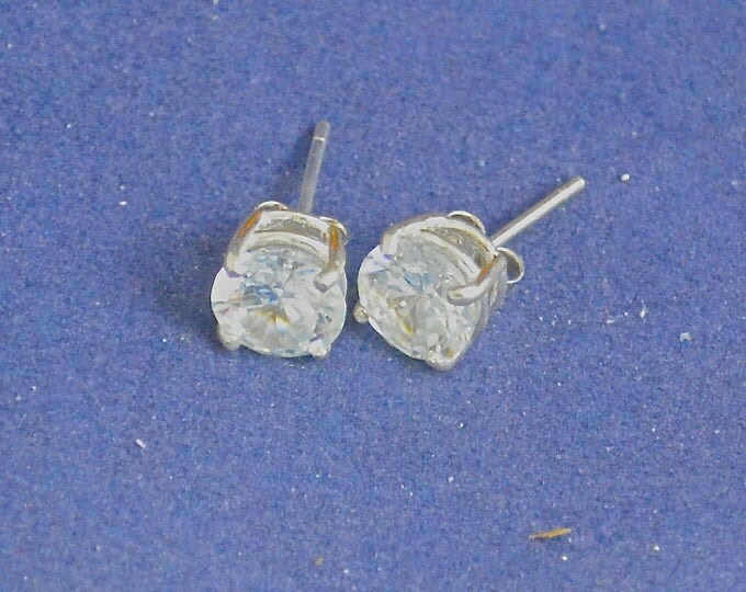 White Zircon Studs, 8mm Round, Natural, Set in Sterling Silver E1073