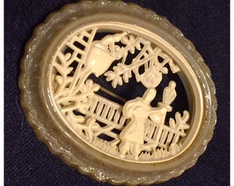 Intricately Layered Celluloid Romeo & Juliet Scene Brooch