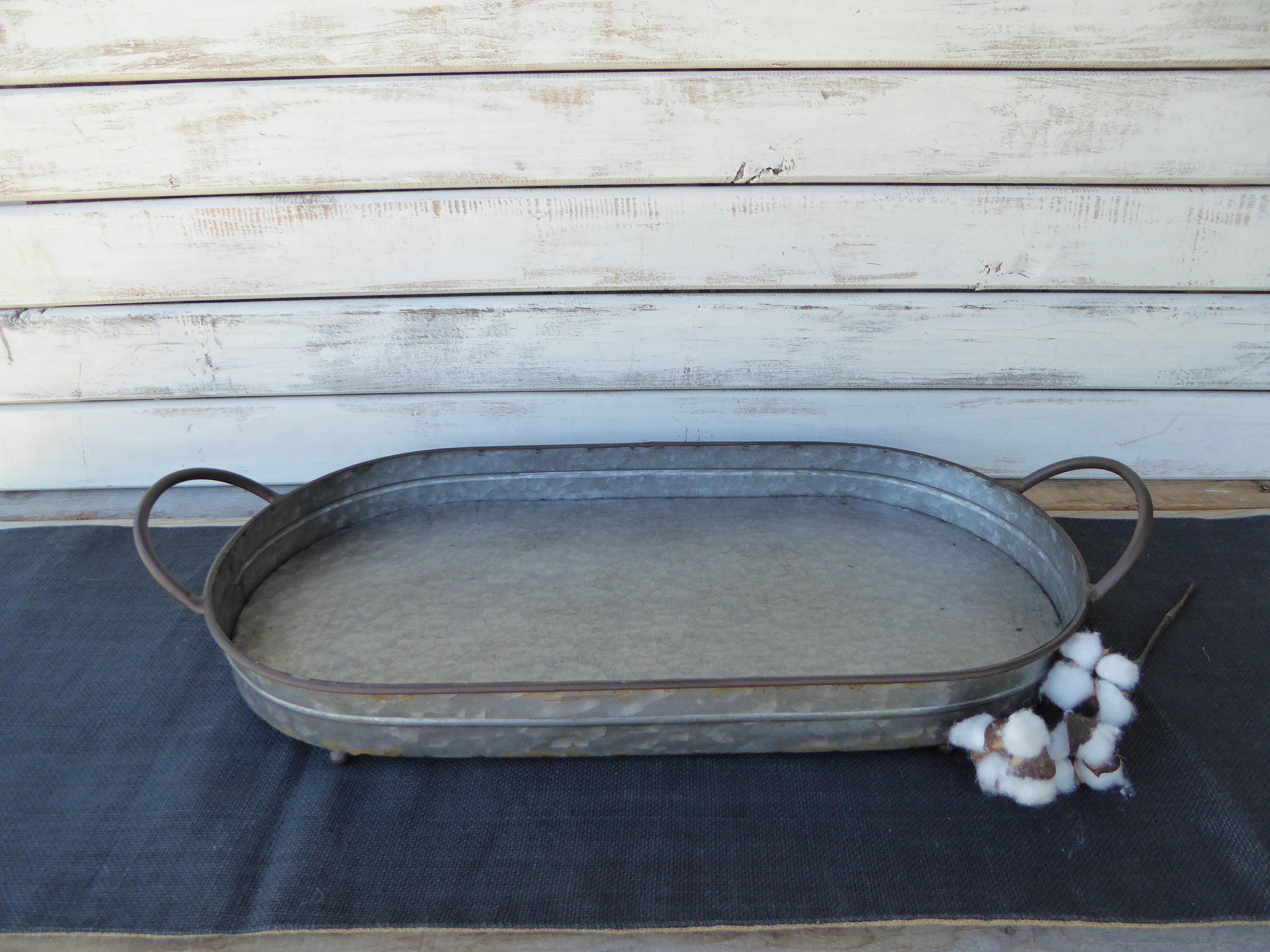 Large Galvanized Oval SERVING TRAY with Handles Centerpiece
