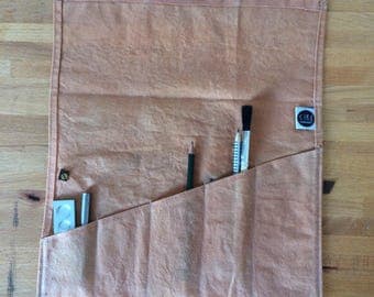 Pink Tool Roll made with waxed canvas and leather - dyed naturally with avocados , craft tool roll