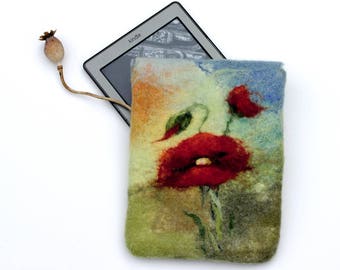 Floral Kindle Paperwhite Cover, felted Kindle Voyage case, blue green e-reader sleeve, red poppies wool gadget pouch, unique gift for her
