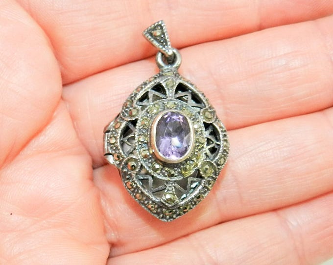 Vintage 925 Sterling Silver Amethyst Marcasite Locket Pendant Necklace with 20 inch Chain Art Deco Stamped Amethyst Jewelry Jewellry Gift