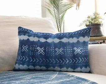 SALE Mudcloth Pillow 12x20 Inch Vintage Indigo African Cloth Pillow Cover