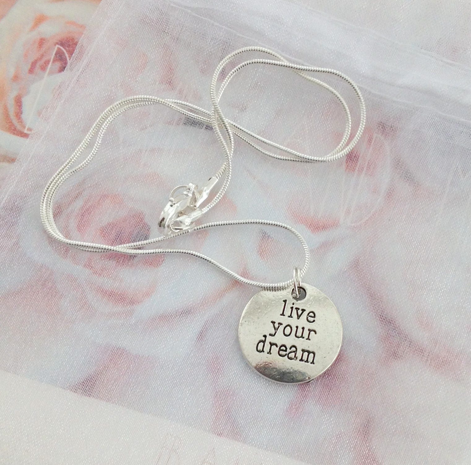 Live Your Dream Pendant on Chain Silver Tone Birthday Gift