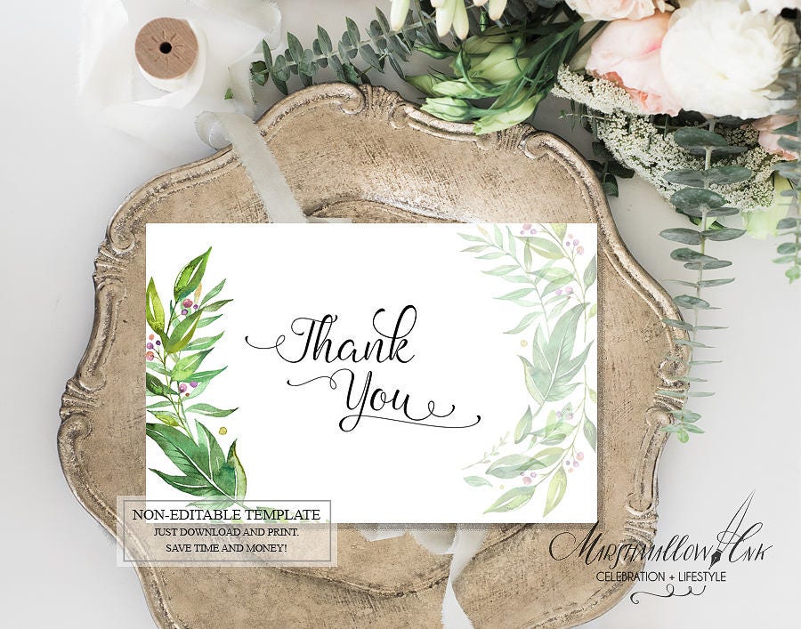 Botanical Wedding Thank You Cards, Printable Floral Thank You Card, Greenery Baby Shower Thank You Sign, Wedding Favor Thank you Note Card