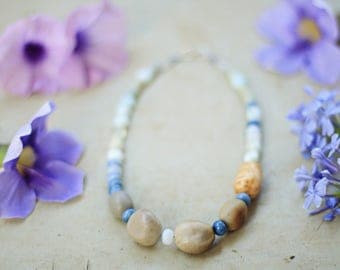 Boho necklace pale blue/ wood seeds stones beaded necklace / nature lover necklace