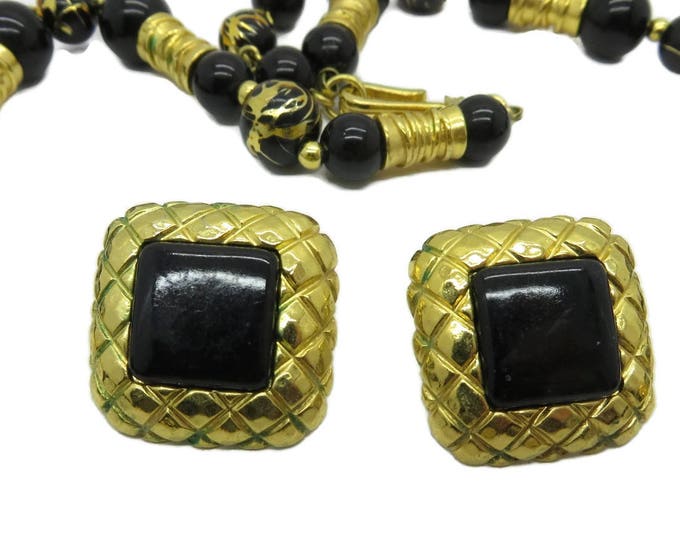 Liz Claiborne Necklace, Earrings, Vintage Black Gold Demi Parure, Holiday Gift