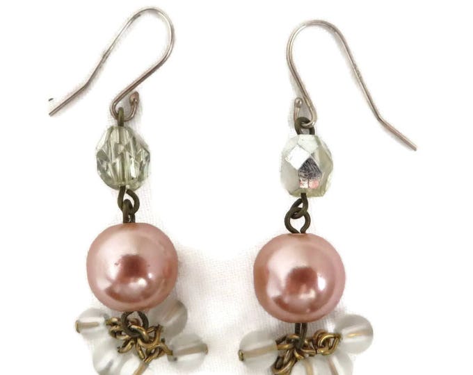 Pink Pearl Earrings, Danging Faux Pearl Earrings, Clear Bead Dangles, Vintage Pierced Earrings