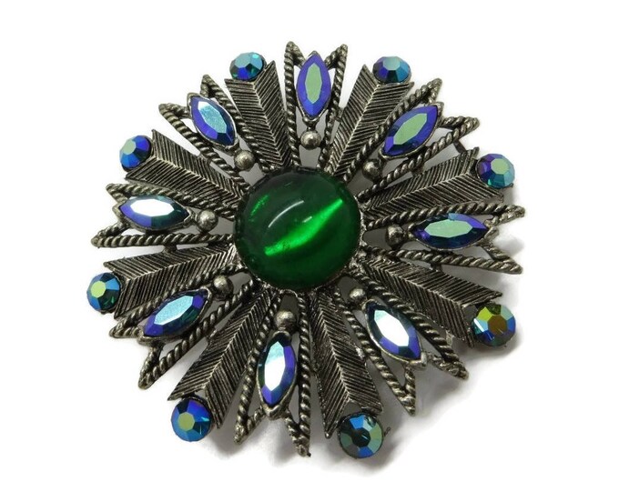 Vintage Emerald Rhinestone Brooch, Signed Weiss Green and AB Rhinestone Silver Tone Brooch