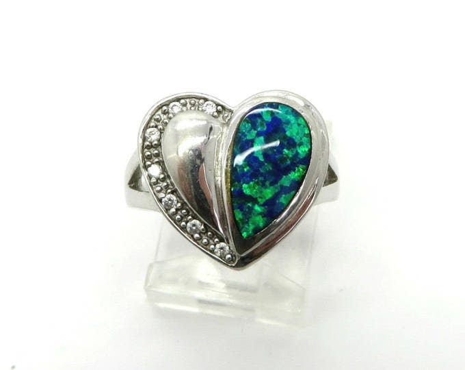 Sterling Heart Ring - Vintage Foil Glass Ring, Two Tone Heart CZ Accents Ring, Size 6, Gift for Her
