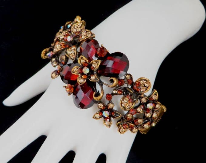 Red Rhinestone Clamper Bracelet, Vintage Ruby Red, White Rhinestone Gold Tone Hinged Bangle, Gift for Her