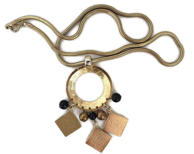 Faux Onyx Dangling Bead Necklace, Vintage Cobra Chain Pendant Necklace