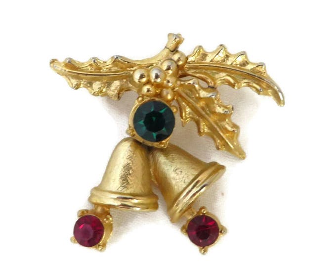 Vintage Brooch - Christmas Bells Brooch, Gold Tone Swinging Bells, Holly, Red & Green Rhinestone Vintage Pin