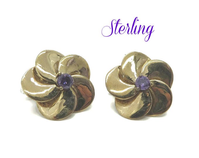 Vintage Sterling Silver Pansy Earrings | Vintage Faux Amethyst Flower Earrings | Huggie Pierced Earrings