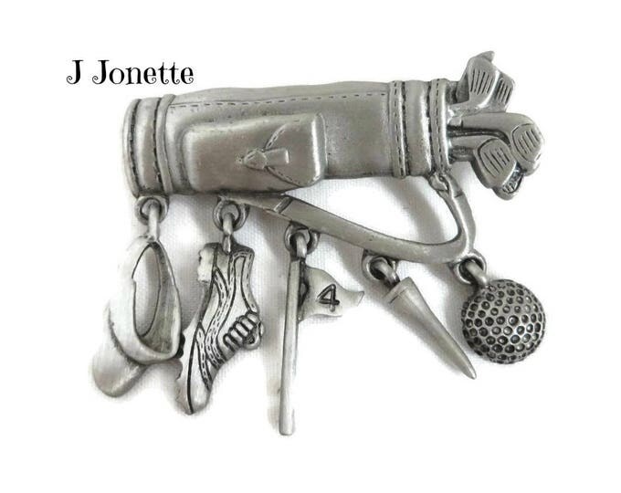 Golf Bag Brooch, Pewter Pin, Vintage Signed J Jonette Pin, Dangling Golf Accessories, Golfer Gift