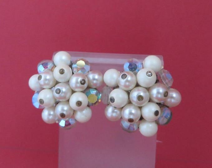 White Bead Cluster Earrings - Vintage Signed Laguna Faux Pearl & Rhinestone Clip-on Earrings, Gift Idea, Gift Boxed