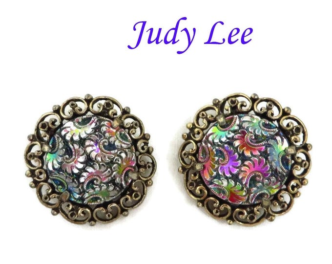 Judy Lee Iridescent Earrings - Vintage Signed Designer Gold Tone Flower Swirl Clip-ons, Gift for Her, Gift Boxed