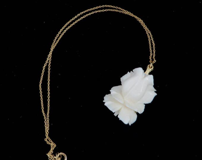 Vintage White Rose Pendant Necklace - Blooming Rose Pendant, Gold Tone Chain Necklace