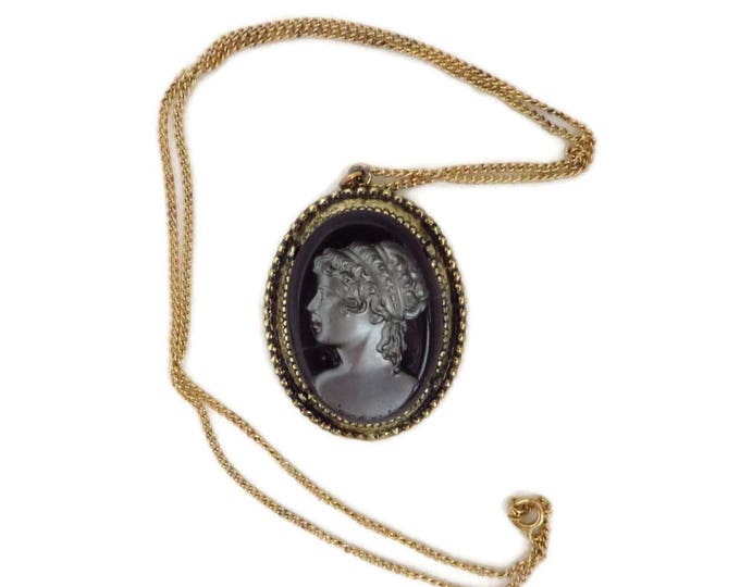 Vintage Cameo Necklace | Black Gray Glass Pendant | Gold Tone Chain Necklace | Flawed Cameo